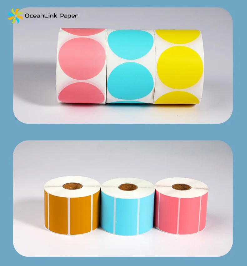 Color-Variable, Multi-Defense Thermal Paper Labels in Red, Yellow, Blue, Green, and Purple - Featuring Custom Logo Printing and Permanent Ad