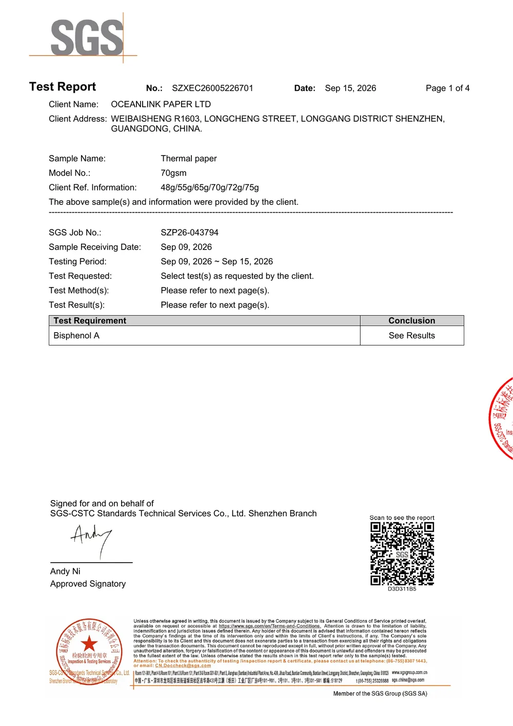 First page of SGS-CSTC test report SZXEC26005226701 for a submitted 70 gsm OceanLink thermal paper sample