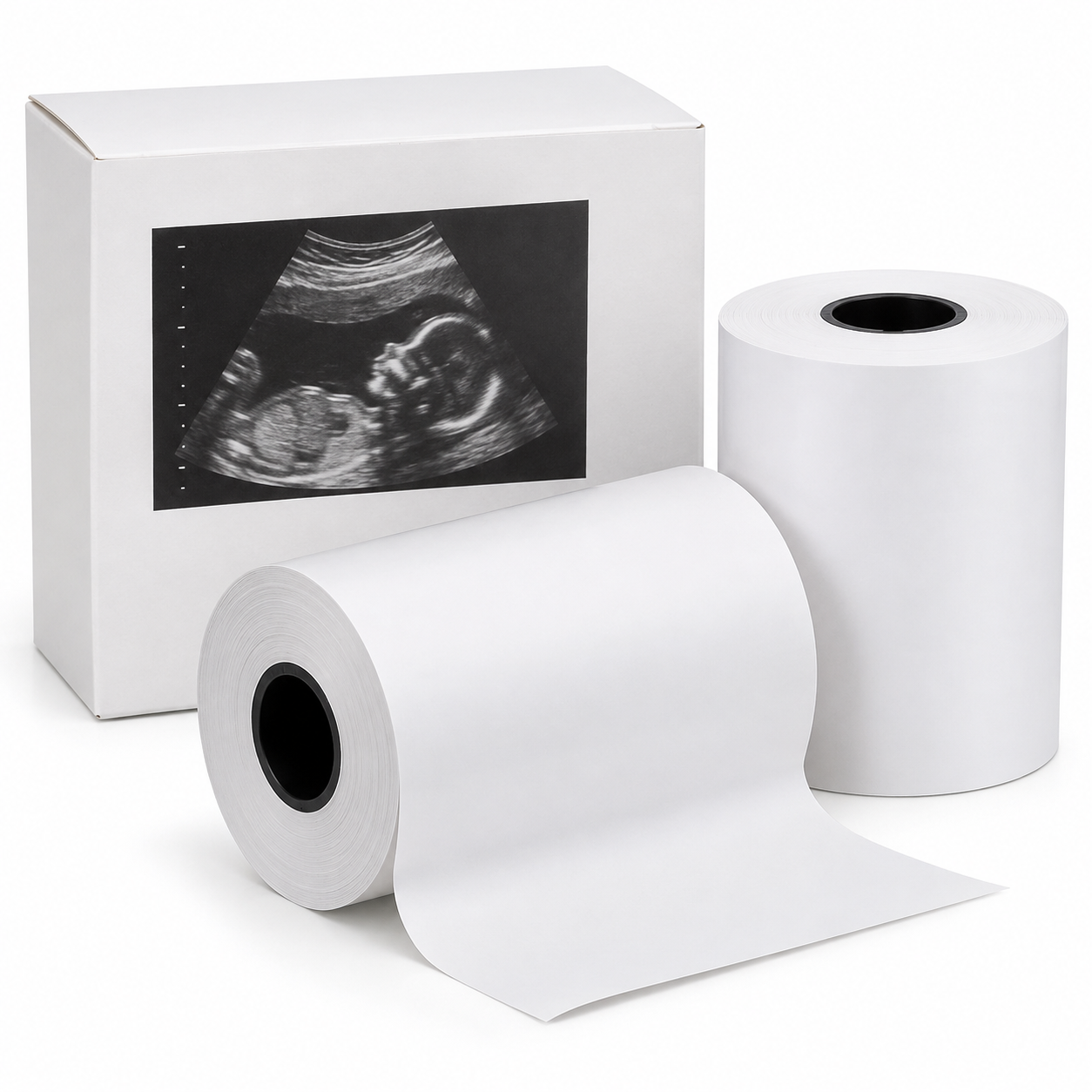 Ultrasound thermal paper rolls beside a presentation box